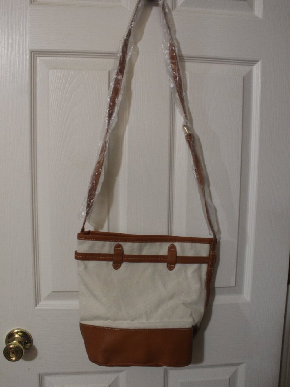 LouLi Cream Canvas-Style Tan Trim Belted Crossbody Shoulder Bag 0082